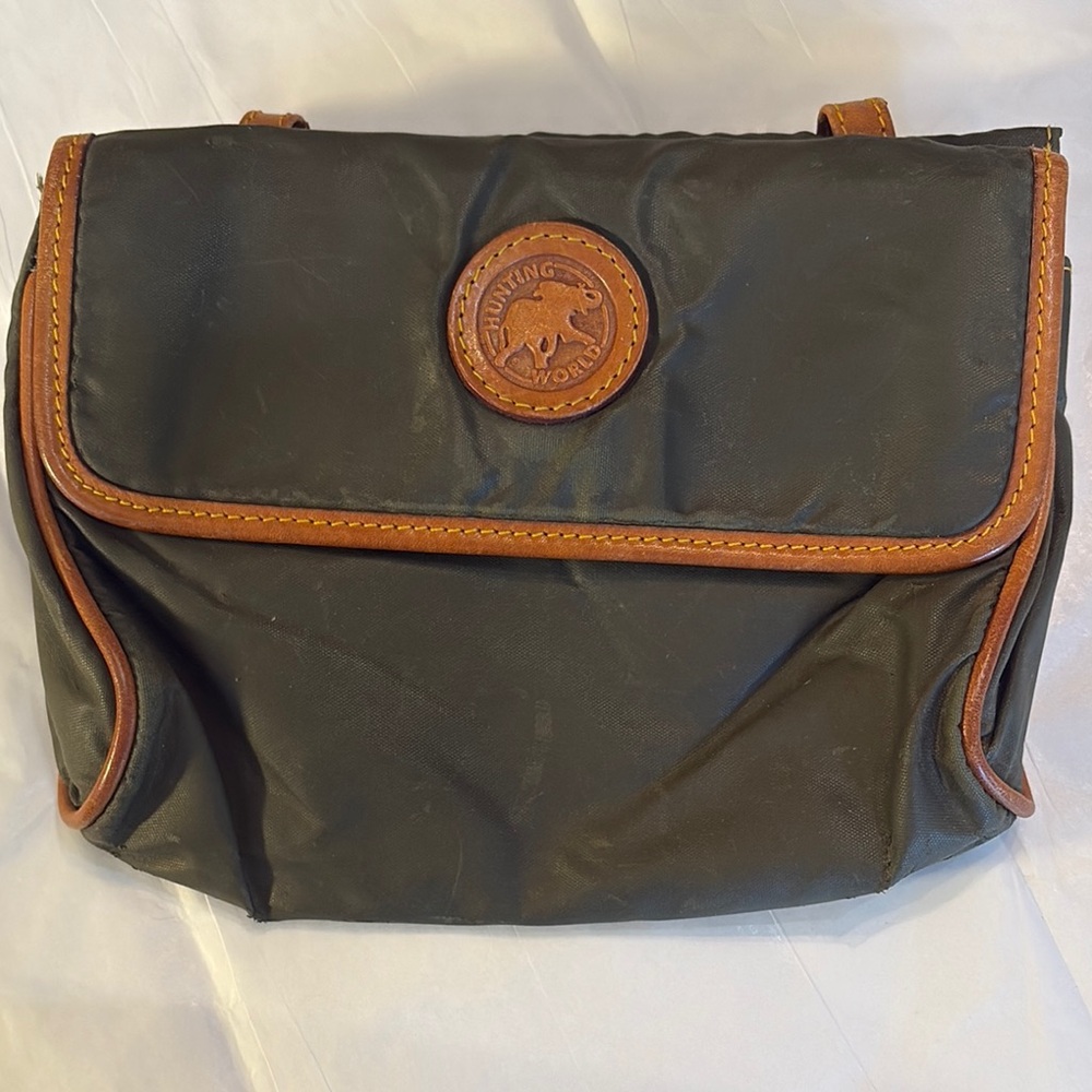 Hunting World Green, leather trim, logo & coated canvas flap unisex belt bag